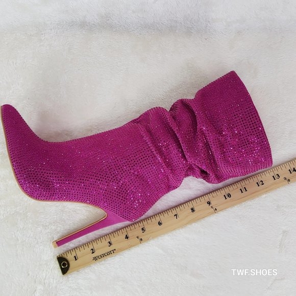 Resolve Sparkling Pink Rhinestone High Heel Slouch Calf Boots New Years Bling - Picture 13 of 15